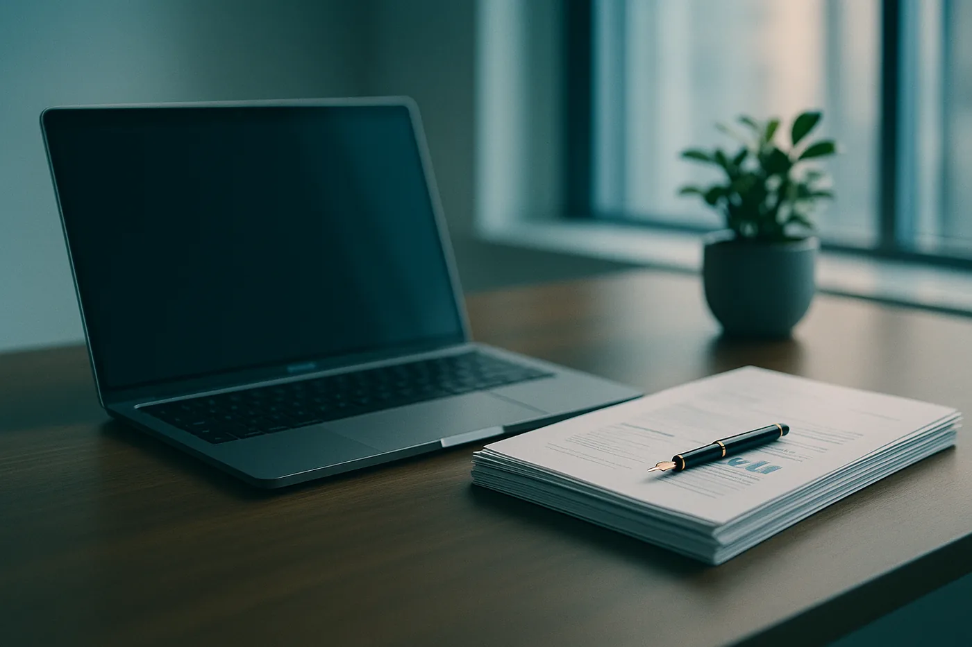 Escritorio de oficina con laptop y documentos empresariales organizados